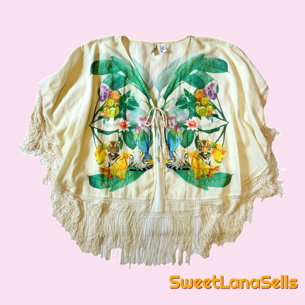 Divided H&M swimsuit cover up Poncho shawl cape with tropical design and fringe
